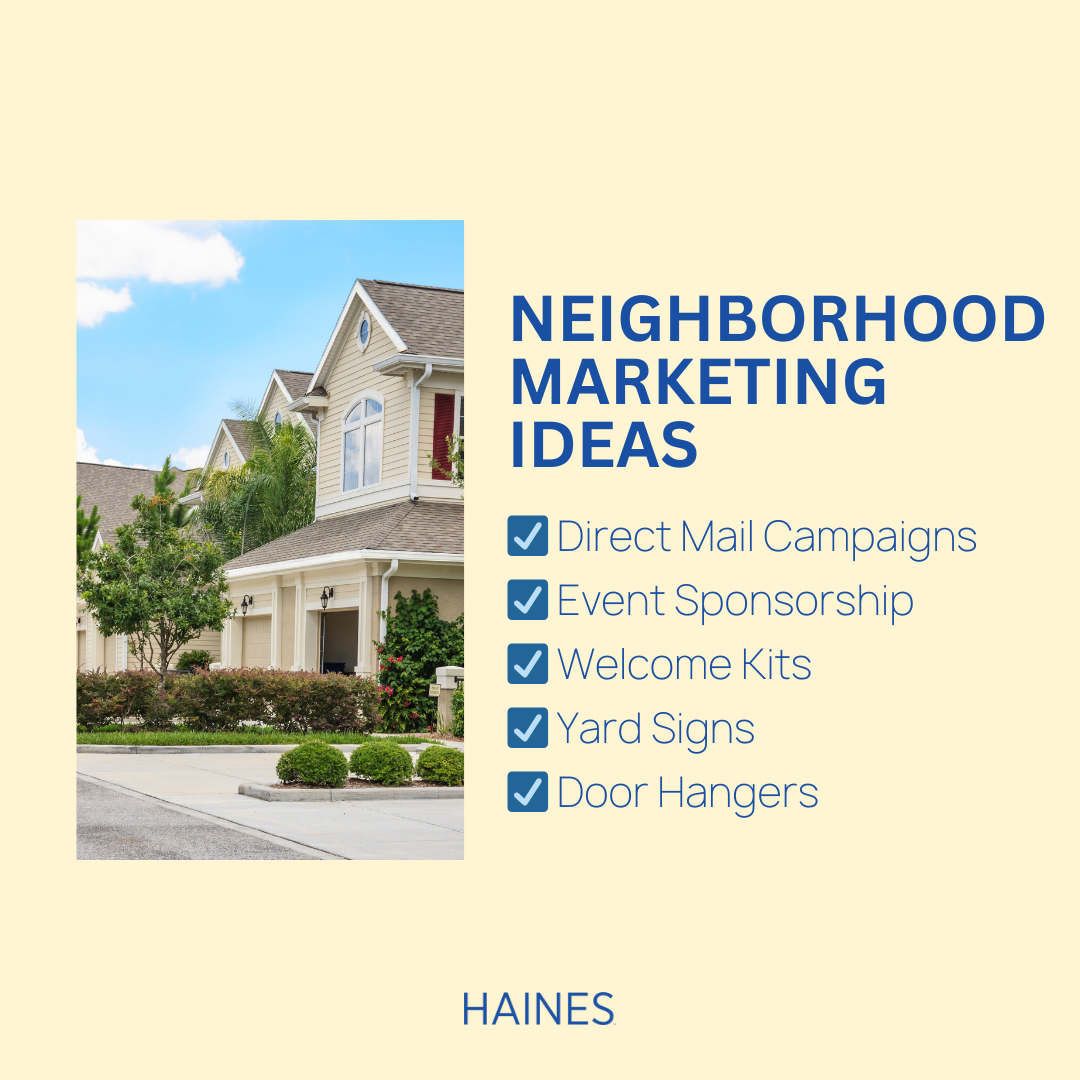 Graphic with neighborhood marketing ideas from the blog article listed on the right with a house on the left