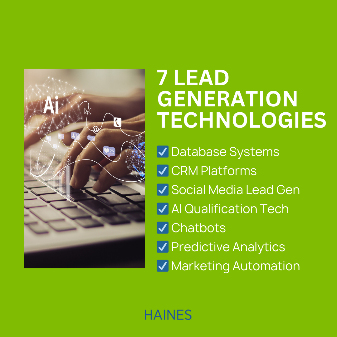 lead generation technologies from the blog listed in checkmarks next to a woman typing on her computer
